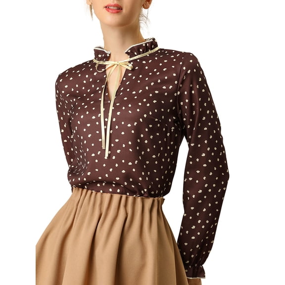 INSPIRE CHIC Women's Tie Ruffled Neck Blouse Long Sleeves Tops XS Burgundy-Leaf