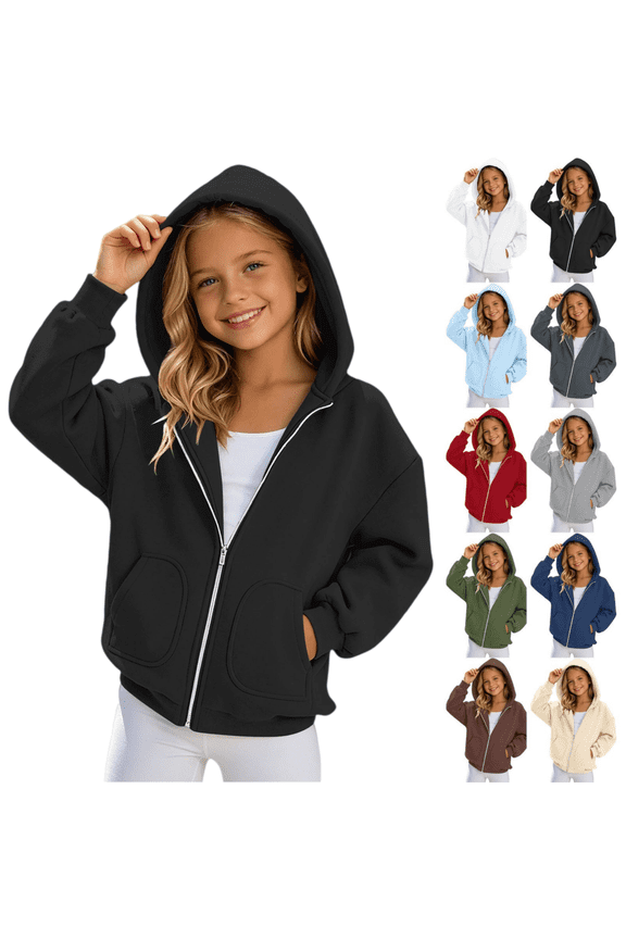 Kids Girls Solid Zip Up Hoodie Sweatshirt Oversized Pocket Long Sleeve Casual Hooded Jacket for Daily School Outdoor Wear(Black,12-13 Years)