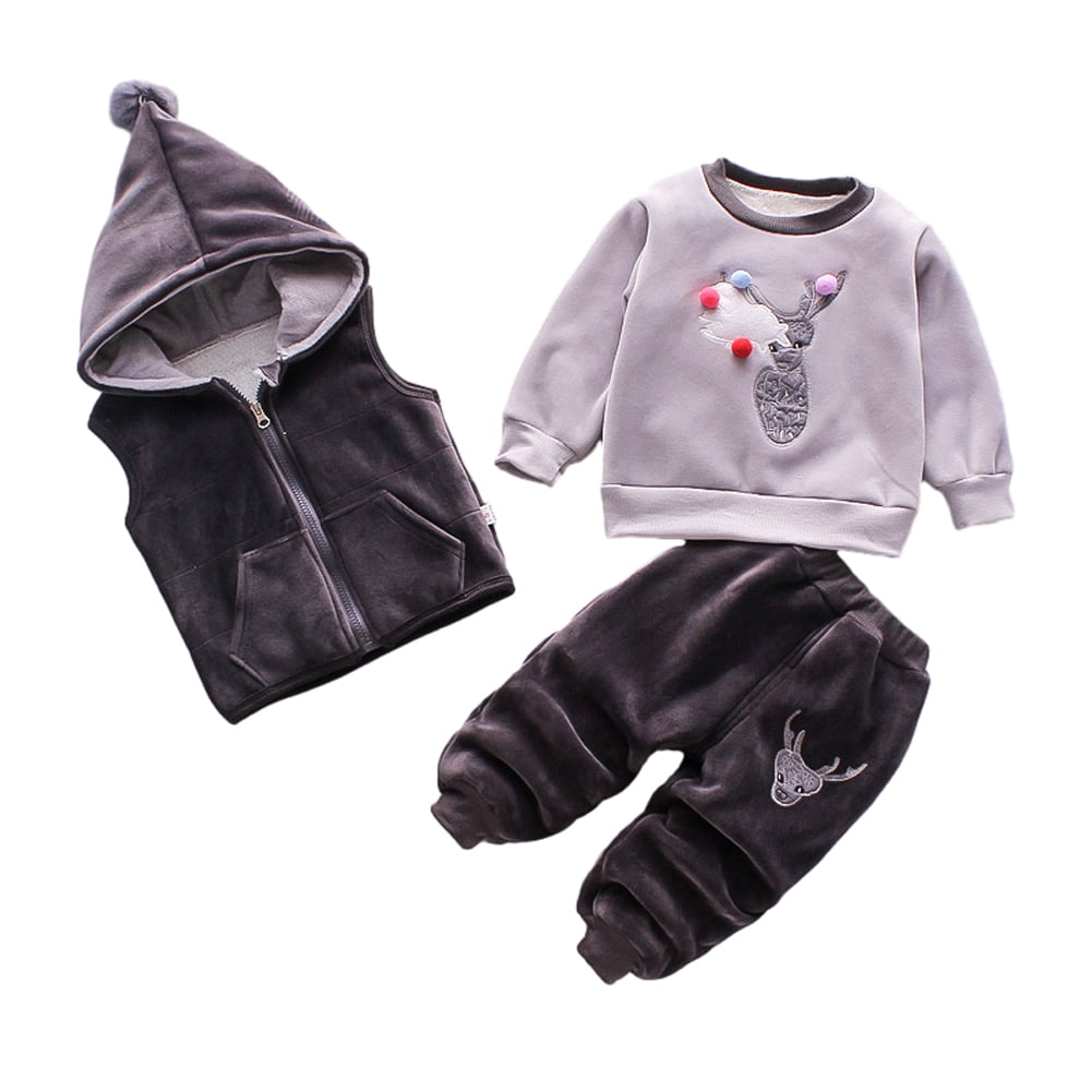 Esaierr 1-5Y Baby Boys Girls Sweatshirt Outfits Double-Sided Velvet Fall Winter Clothing Set Toddler Cartoon Elephant Three-Piece Set
