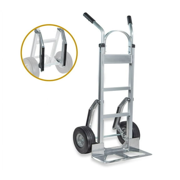 600 lbs Dual Handle Aluminum Hand Truck Heavy Duty Dolly with 10" Solid Caster Wheels - Large Hand Truck with Skid Bars  - 52.3" x 17.5" with 19.3" x 7.5" Nose Plate