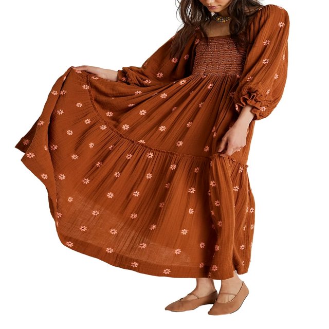 AMERTEER Robe Longue pour Femmes Manches Longues Col Carré Broderie Fleur Robe Évasée