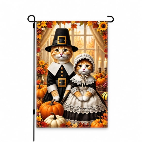 Thanksgiving Garden Flag 12 x 18 Inch - Pilgrim Cats with Pumpkins and Autumn Leaves Design - Decorative Yard Flag for Patio, Porch, or Lawn