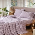 thumbnail image 4 of MooMee Gingham Sheet Set 100% Washed Cotton Linen Like Textured Extra Deep Pocket Breathable Lightweight 4-Piece (Light Purple, Queen), 4 of 7