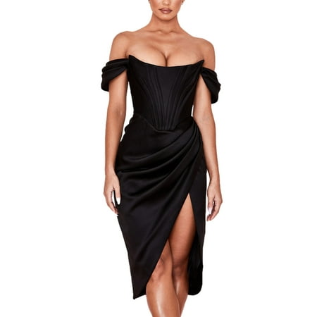 

Sexy Elegant Dress Women Deep V Neck Fishbone Corset High Split Maxi Dress Solid Evening Party Vintage Dresses