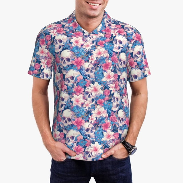 Balery Skull Camisa Polo de Hombre con Estampado, de Manga Corta y Tejido Medio, Camisa Tipo Golf Polo-4X-Large