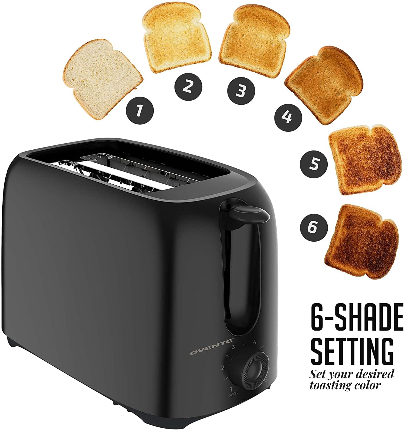 Electric 2 Slice Toaster Machine with 6-Shade Browning Selector Setting, Compact Design and Removable Crumb Tray, 700W Power Perfect for Toasting Bread, Thin Bals and Waffles, Black TP2210B