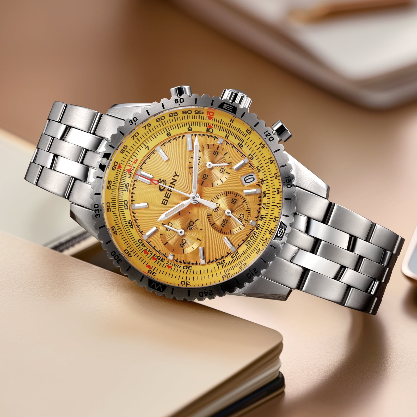 BERNY Silver Chronograph Watches for Men, Sport Luxury Analog Quartz Watch with Tachymeter, Stainless Steel, Waterproof, Luminous, Sapphire Crystal, Date Calender, Men's Wristwatch (Gold)