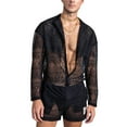 thumbnail image 1 of xiaxaixu Men's Summer 2 Piece Outfits Long Sleeve Hollow Out Button Down Shirt + Shorts Set Tropical Suits, 1 of 7
