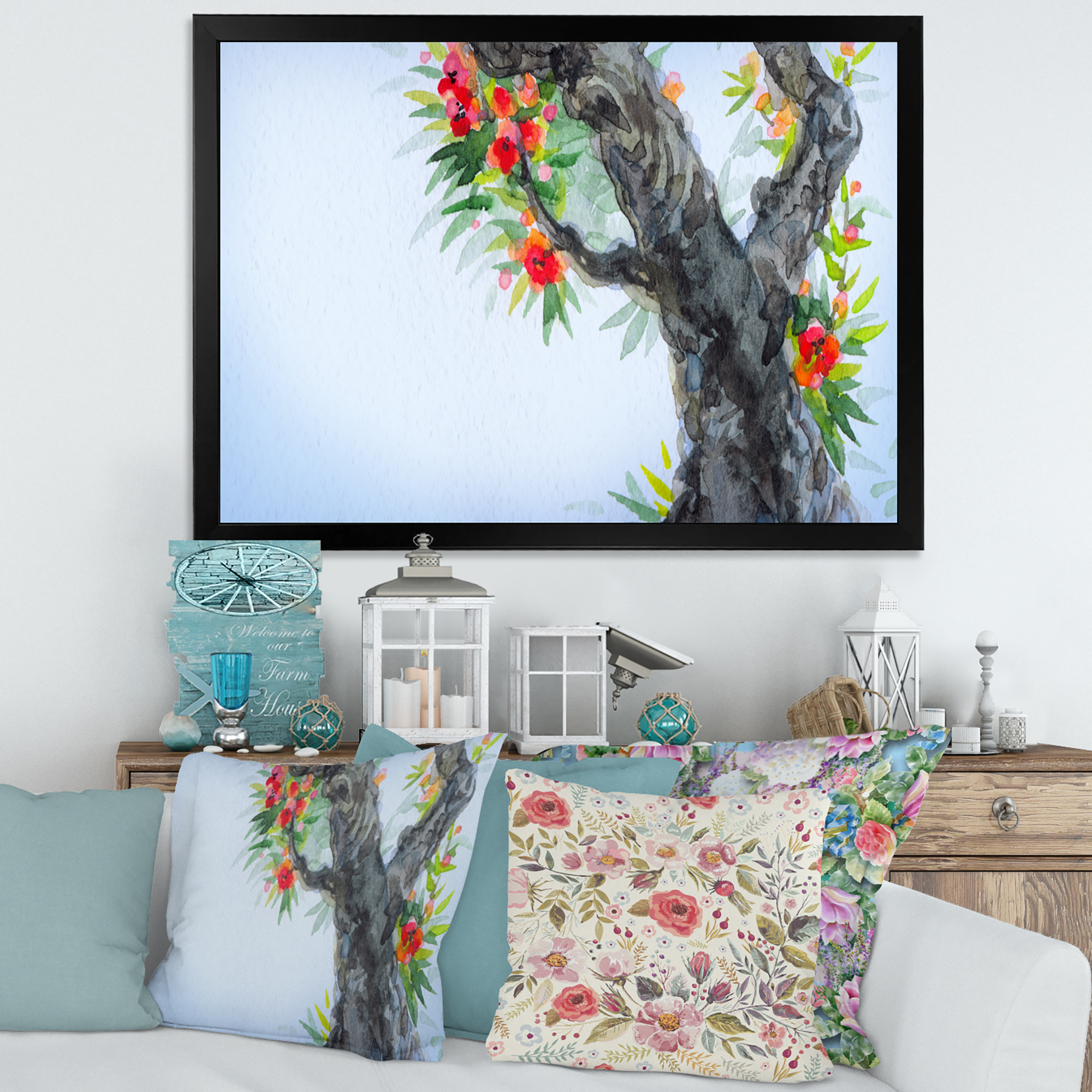 Blooming Flowers Of An Old Tree In Spring I 40 in x 30 in Framed Painting Canvas Art Print, by Designart