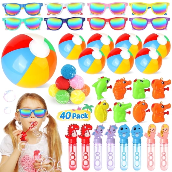 Summer Pool Party Favors Toy, 40 PCS Beach Party Favors Set Including Beach Balls, Sunglasses Bulk, Bubble Wands and More Birthday Party Bag Stuffers Backyard Outdoor Toys Water Game