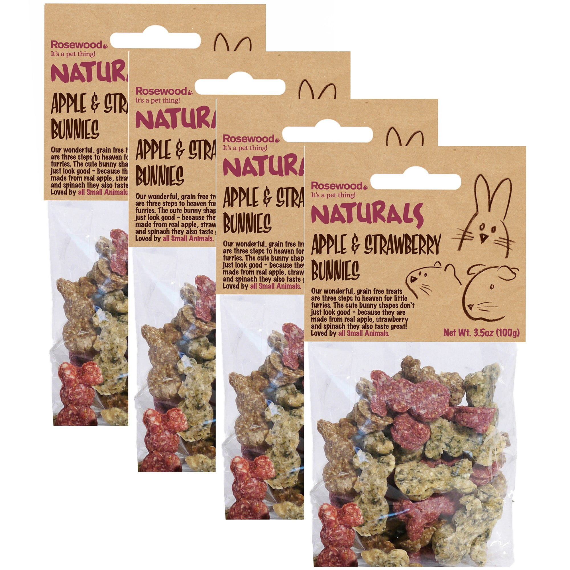 Rosewood Naturals: Apple & Strawberry Bunnies - 4 Pack, 3.5oz Bags - Small Animal Treats, All Natural Pet Snack, Rabbit-Guinea Pig-Chinchilla-Rodent