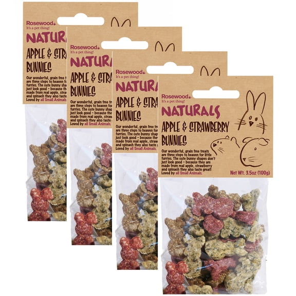 Rosewood Naturals: Apple & Strawberry Bunnies - 4 Pack, 3.5oz Bags - Small Animal Treats, All Natural Pet Snack, Rabbit-Guinea Pig-Chinchilla-Rodent