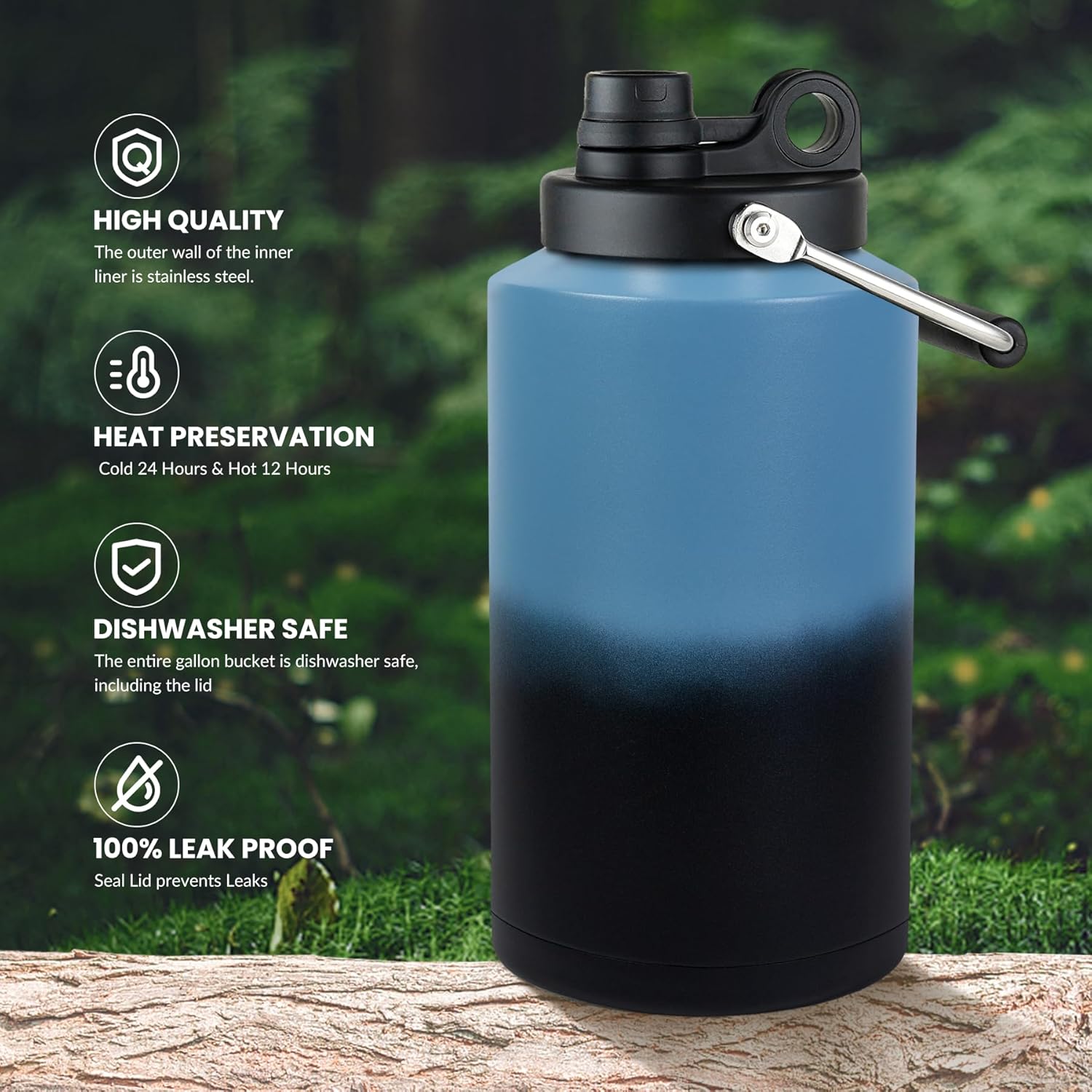 1 Gallon Insulated Water Jug, 128 oz Stainless Steel Bottle with Wide Mouth,  for Hot & Cold Drinks