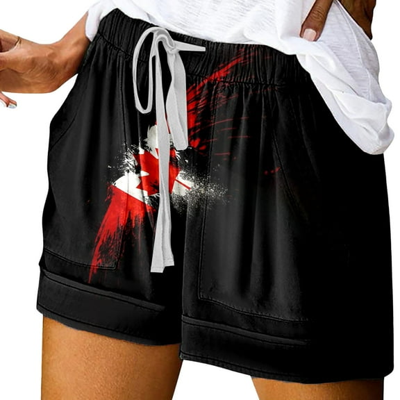 Bermuda Shorts for Women Trendy 2025 Summer Canada Day Print Tie Waist Elastic Band Baggy Dressy Casual Womens Jorts with Pockets S-2XL
