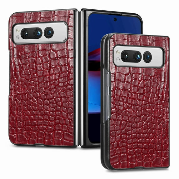 SaniMore for Google Pixel Fold 7.6" 2023 Case, Crocodile Texture PU Leather ull Protection with Tempered Glass Screen Protector Wear-resistant Vintage Folding Shell Shockproof Drop-resistant, Red