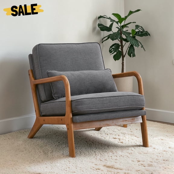 IVV Accent Armchair with Lumbar Pillow & Solid Wood Frame, 5.5" Thick Seat Cushion, Comfy Upholstered Single Sofa Chair, Linen Fabric, Pink