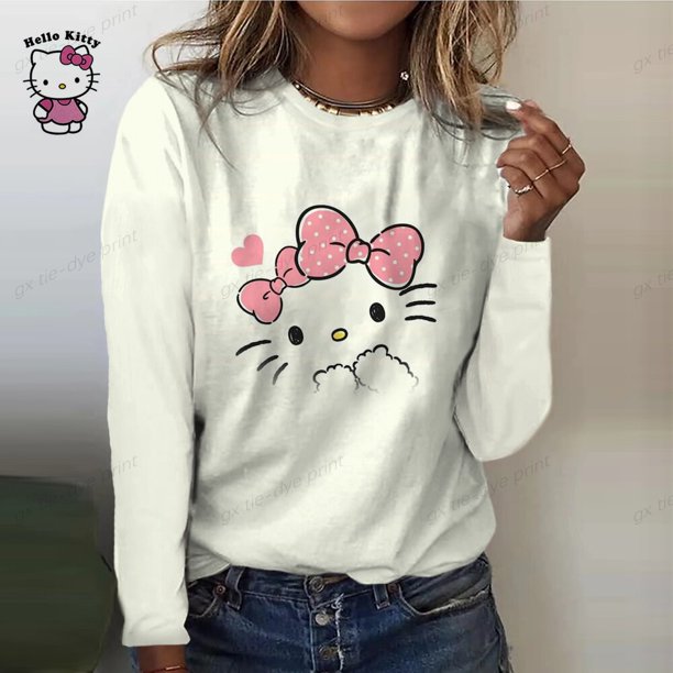 Camisetas de dibujos animados de Navidad para mujer, ropa de calle de HELLO KITTY, sudadera de manga larga con cuello redondo, camiseta informal para primavera y otoño
