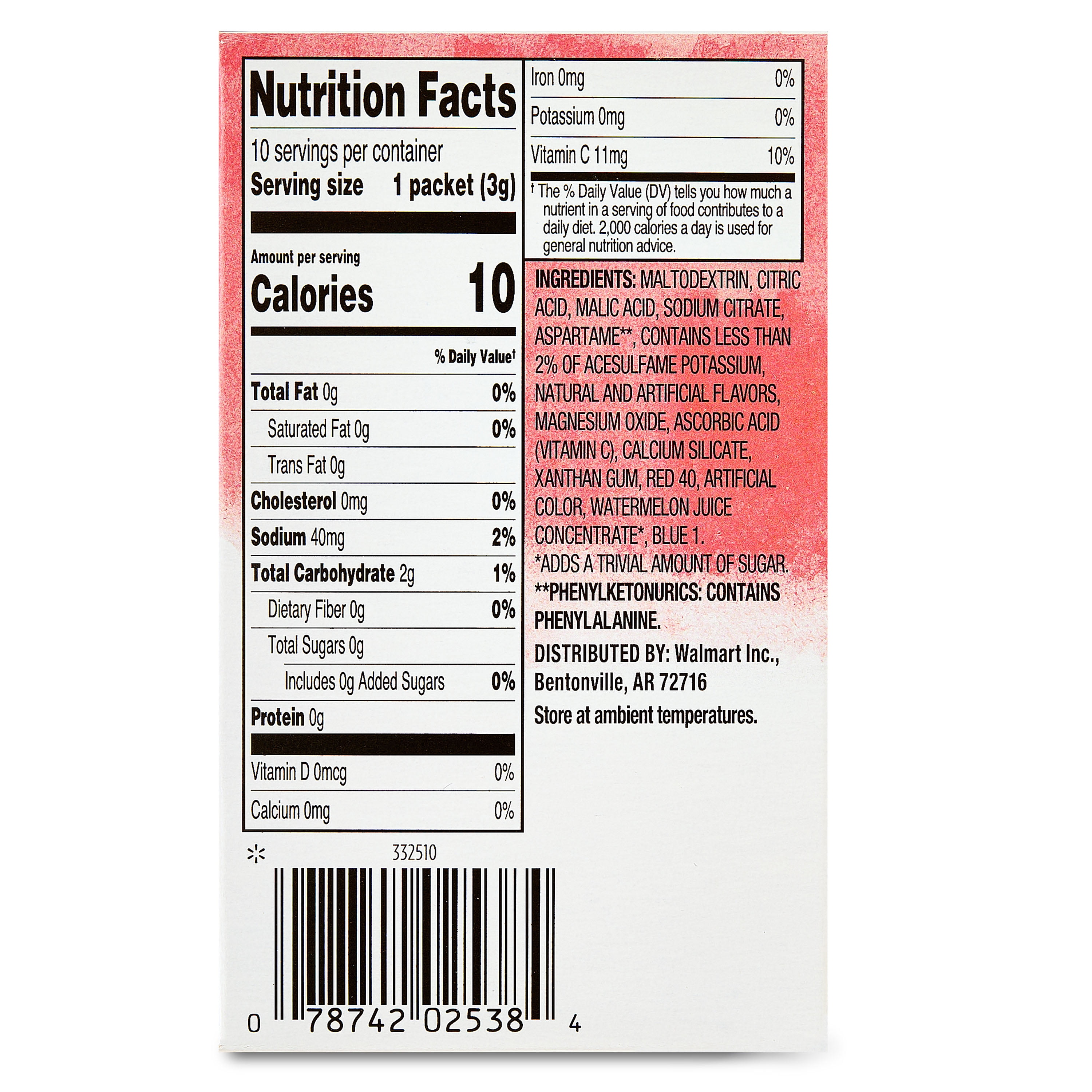 (12 pack) Great Value Sugar-Free Strawberry Watermelon Powdered Drink Mix, 0.11 oz, 10 Packets