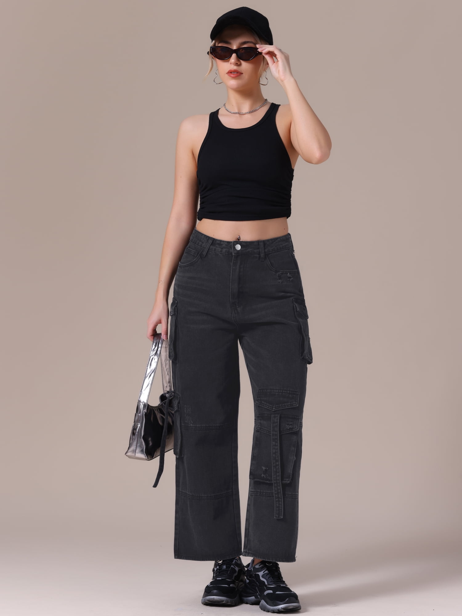 DARING DIVA Women's Cargo Jeans Straight High Waist Baggy Denim Pants XL Black