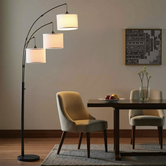 81" Tall 3-Light Tree Floor Lamp With Cream Linen Shades, 3000K Soft Warm, Stepless Rotary Switch, Adjustable Arms, Matte Black Metal Pole, Modern Standing Light(3 LED Bulbs Included)
