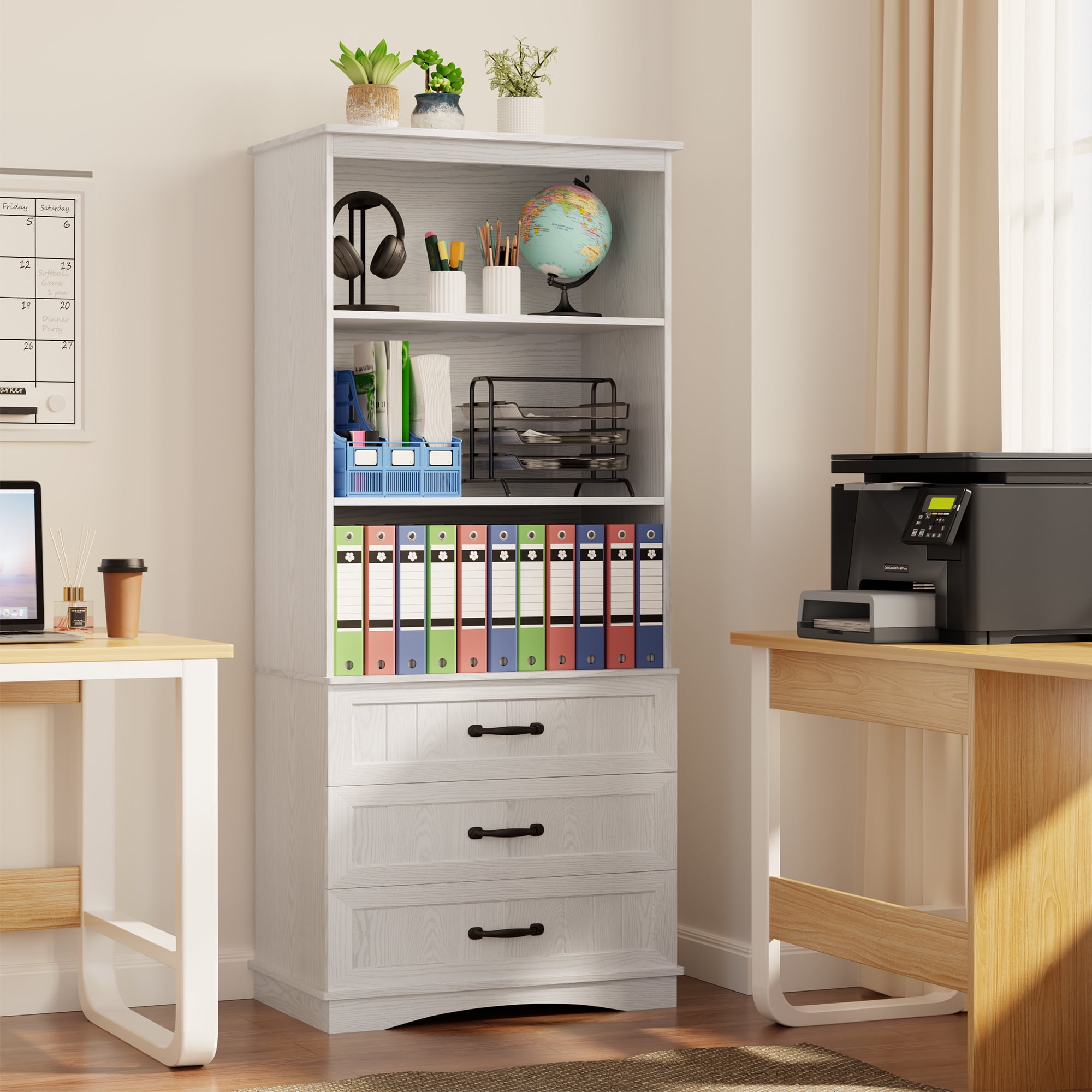 Bookshelf with Drawers, Lofka 69.7" Tall Bookcase with 3 Large Drawers & 3 Open Shelves for Home Office, Living Room, White