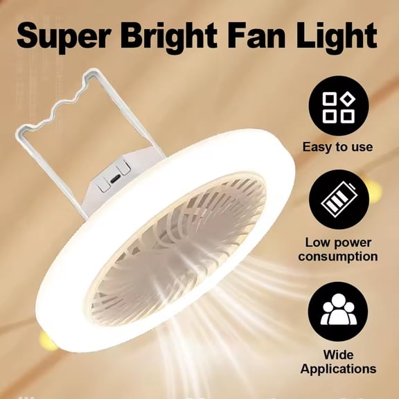 2-in-1 Rechargeable Camping Fan Light, Remote Control Hanging Tent Fan with 3 Wind Speeds, 3 Color Dimmable LED Light, 1/2/4H Timing Portable Hook Fan for Tent Bedroom Office Outdoor Picnic