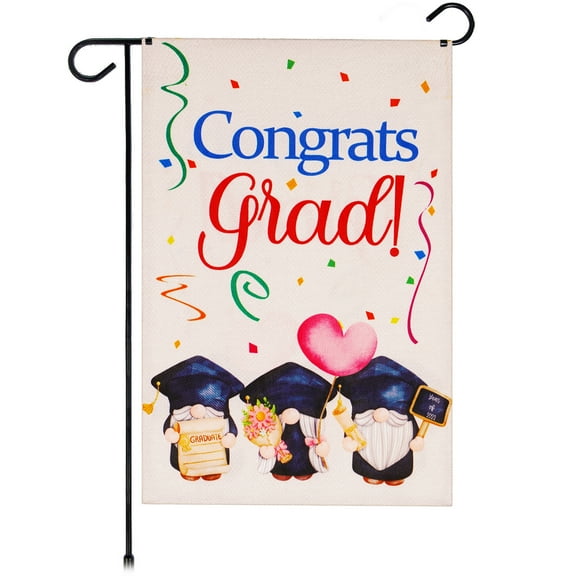 G128 Garden Flag Congrats Grad Three Gnomes Graduating 12"x18" Burlap Fabric
