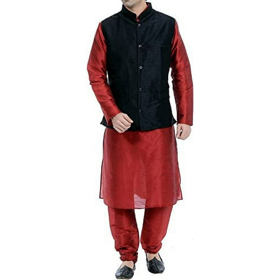 Royal Kurta Men's Silk Blend Kurta Pyjama And Nehru Jacket Set (38, Black-Maroon)