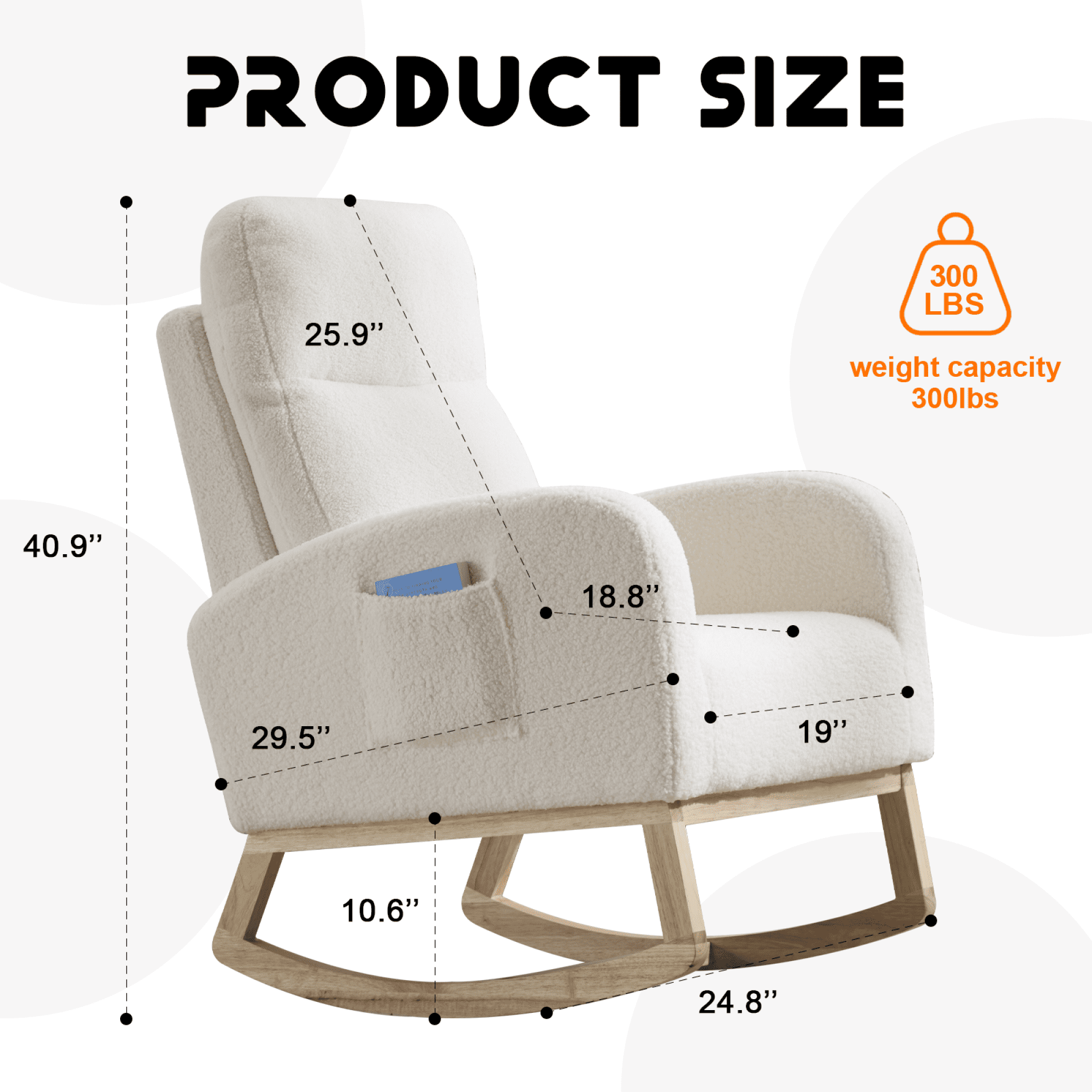 Leumius Rocking Chair Nursery, Teddy Fleece Upholstered Glider Rocker Chairs w/ Curved Solid Wood Base & Side Pocket,Modern High Backrest Nursing Accent Rockers for Living Room, Bedroom,White