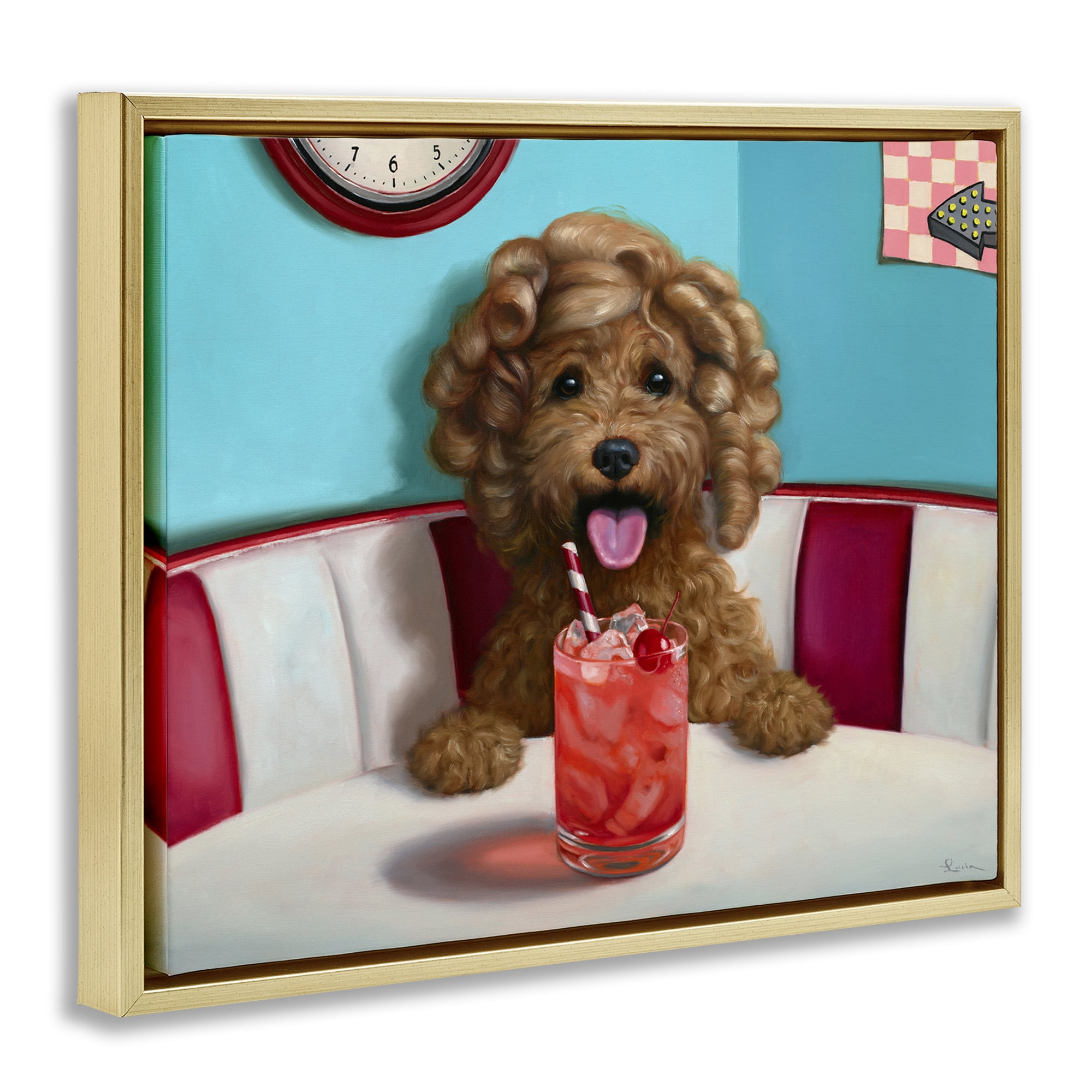 Stupell Industries Dog at Diner with Drink Food & Beverage Painting Gold Floater Framed Canvas Art Print Wall Art, 21 x 17