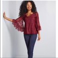 thumbnail image 1 of Modcloth V-Neck Bell Sleeve Lace Blouse In Burgundy Size XS, 1 of 1