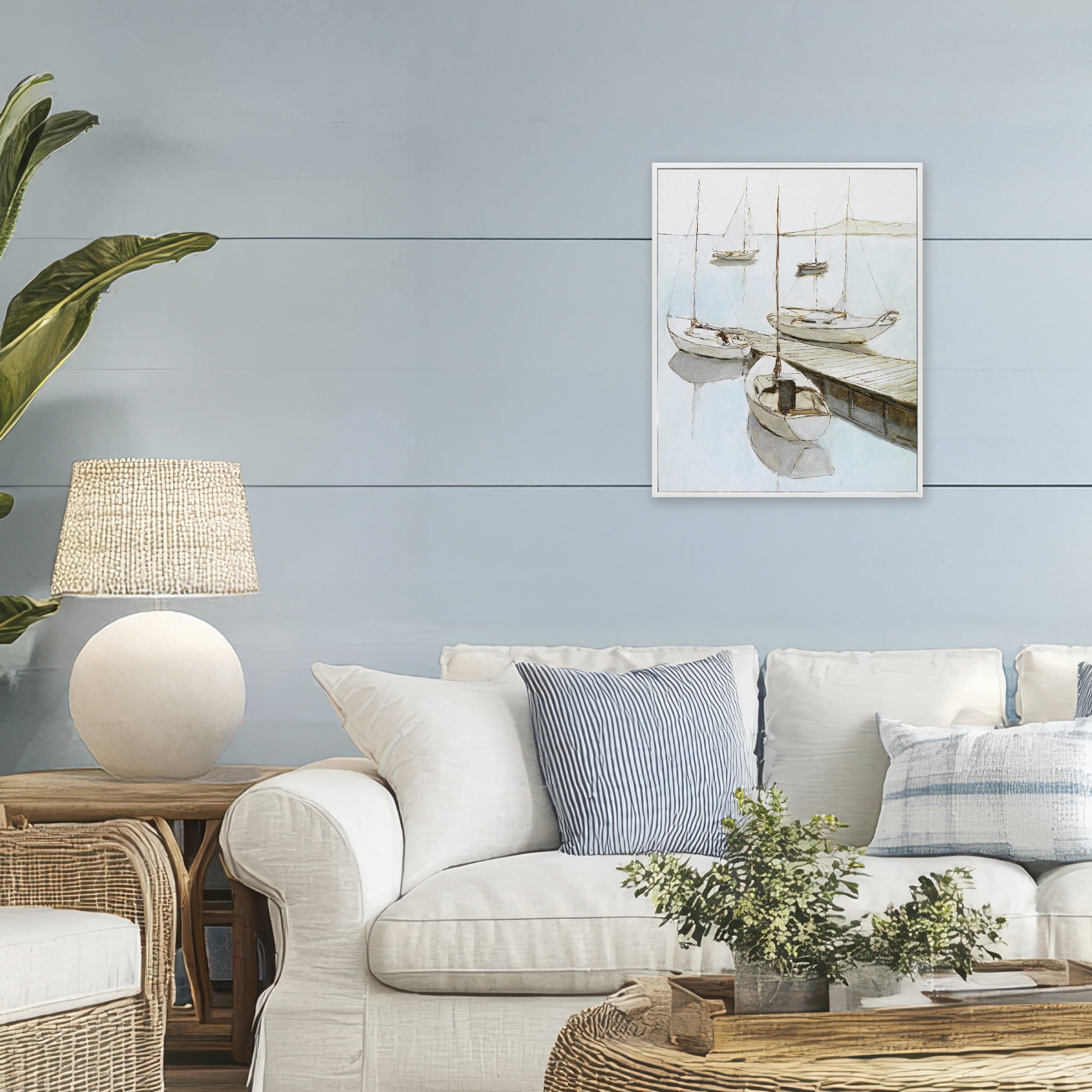Stupell Industries Docked Sails Coastal Scene White Framed Giclee Art, design by Lorenzo Collective