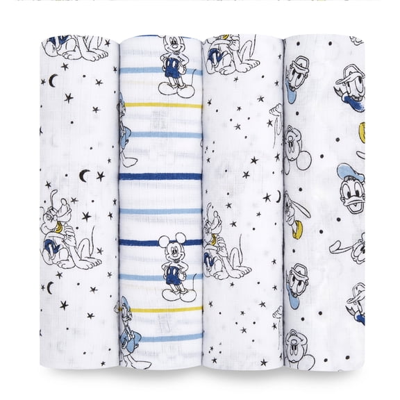 aden + anais Essentials Disney 100% Muslin Cotton Swaddle Blanket, Unisex, 4 Pack, Mickey