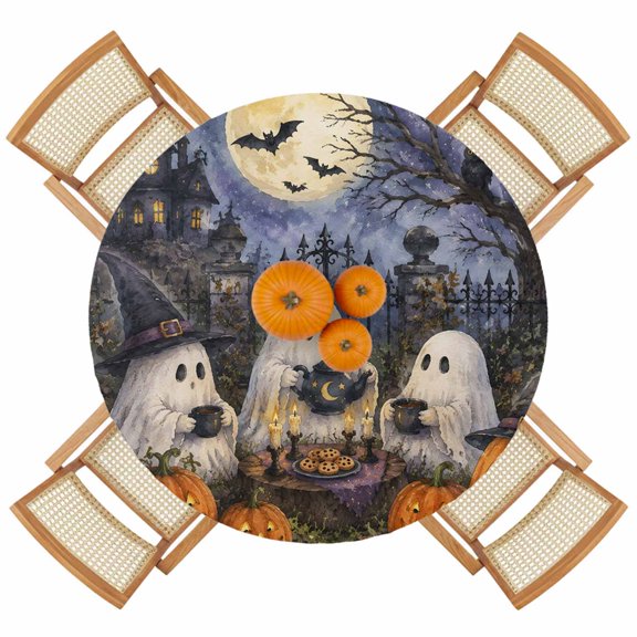 Halloween Night Ghost Pumpkin Round Fitted Tablecloth with Elastic Edge,Waterproof Table Cloth Fits 36"-44" Tables,Wipeable Table Cover for Indoor Outdoor Dinning Party,Haunted Castle Full Moon