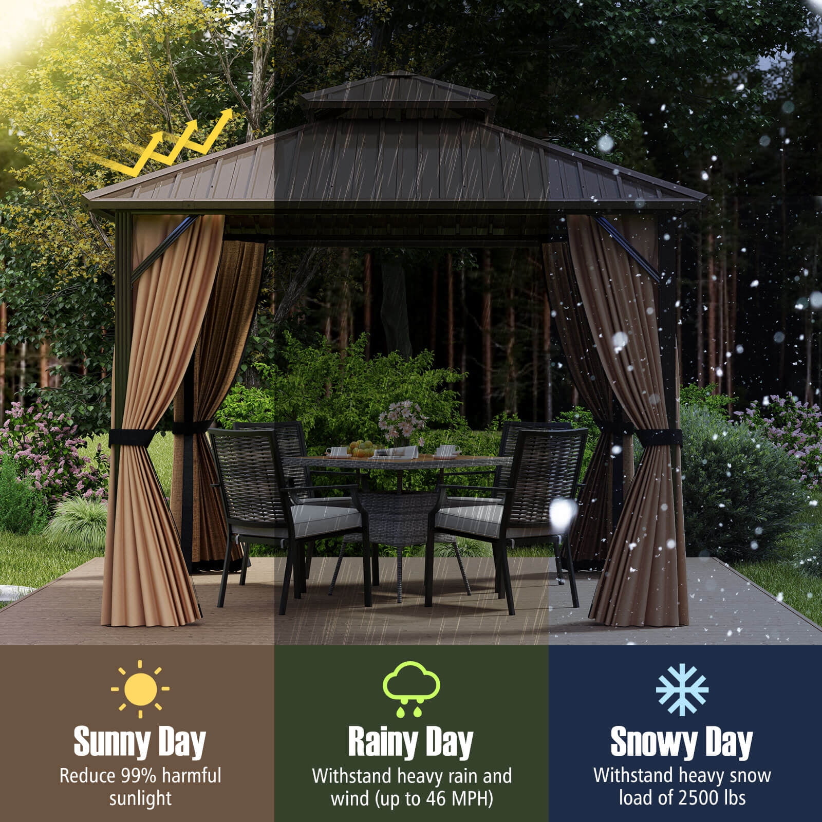 Costway 10 x 10 FT Hardtop Gazebo with Netting Heavy-Duty Double-Roof Galvanized Metal Top