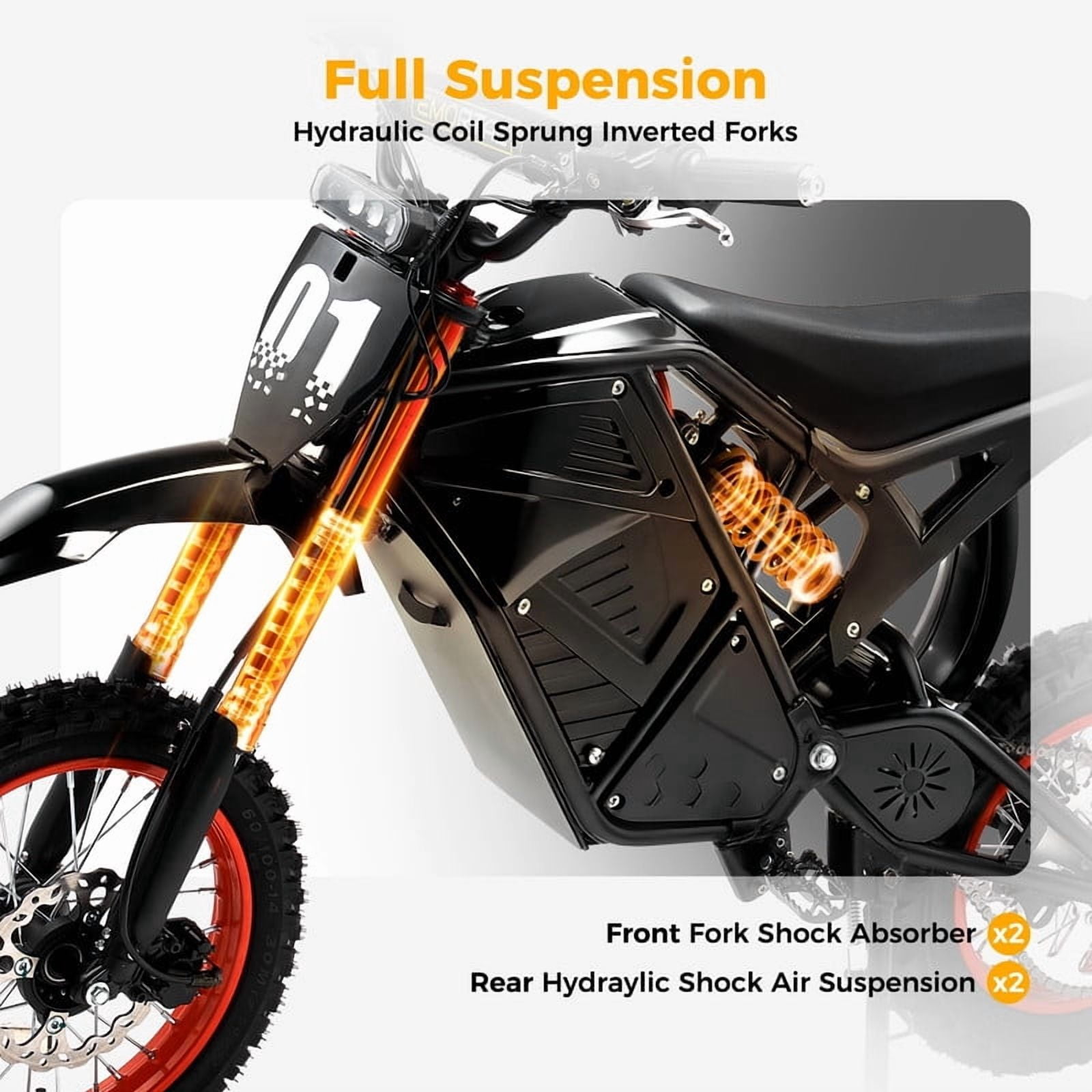 3000W 48V Electric Dirt Bike for Adults 38MPH Top Speed 38 Miles Range Full Suspension UL2849 Certified
