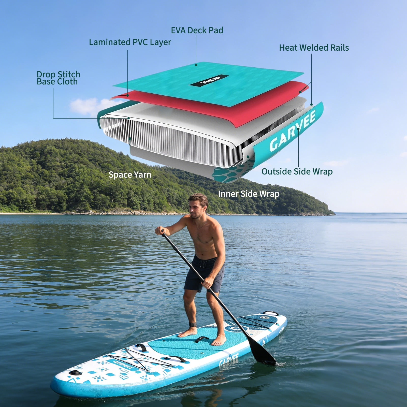 Garvee Bohemian Style Inflatable Stand Up Paddle Board with Accessories, EVA Non-Slip Deck SUP Board with 3 Fins, All-Around iSUP for Adults & Youth, for Lake, Ocean & River (Blue, 132'')