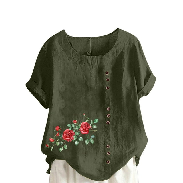 XMMSWDLA Hauts pour Femmes à Fleurs Col en V Blouses Décontractées Manches Courtes Chemises Tunique Boutonnée Vert Armée Hauts d'Été pour Femmes