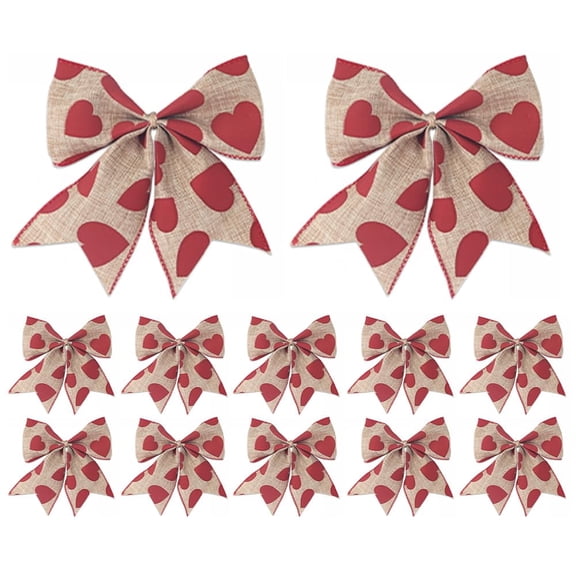 12 PCS Valentine's Day Wreath Bows Red Love Heart Burlap Bows for Wreaths, Valentines Day Ribbon Bows Tree Topper Bow for Home Indoor Outdoor Decoration Wreath Ornament Supplies Beige