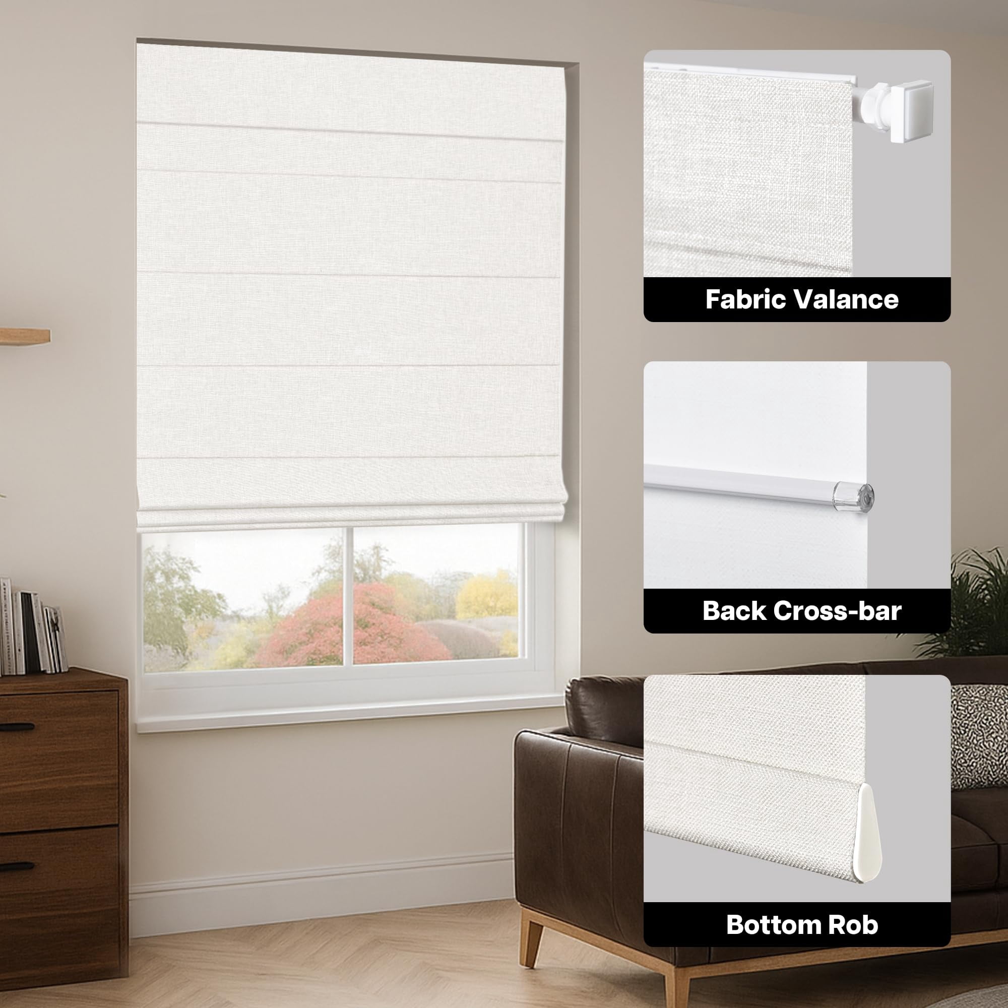 LazBlinds No Tools No Drill Cordless Roman Shades for Windows, Blackout Thermal Insulated UV Blocking Window Blinds, Lightweight Fabric Blinds for Indoor Windows, 44" W x 60" H, Blackout - White