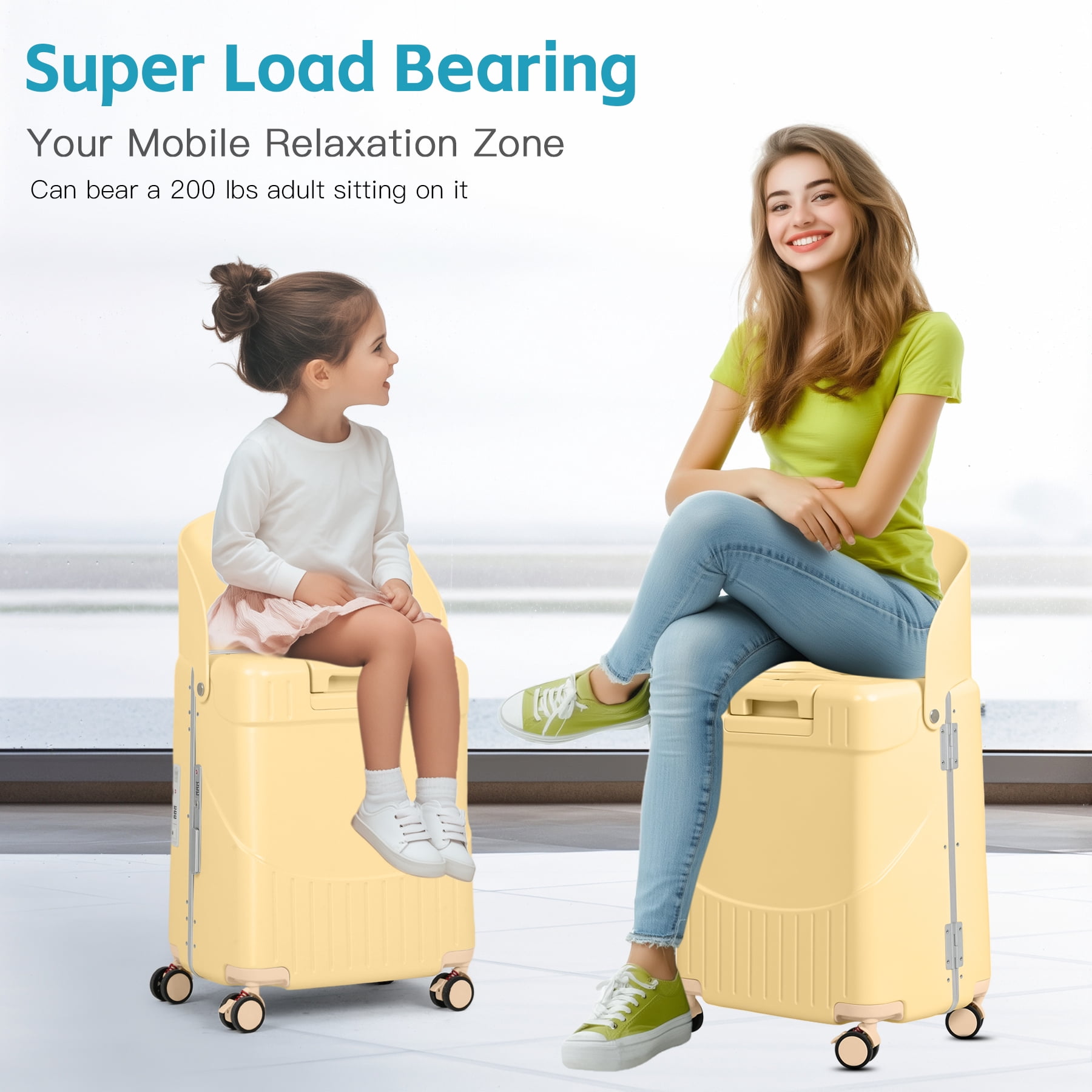 Advwin 20" Ride-On Suitcase for Kids & Adults, Hardshell Carry-On Luggage w/ Child Seat, Front Opening, USB Port, TSA Lock, 4 Spinner Wheels for Travel, Yellow