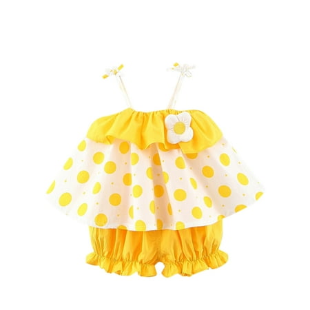 

GWAABD Little Girls Summer Outfits Yellow Cotton Blend Baby Girls 6M-24M Cartoon Strawberry Dot Printed Ruffles Vest Tops Shorts Outfits 12