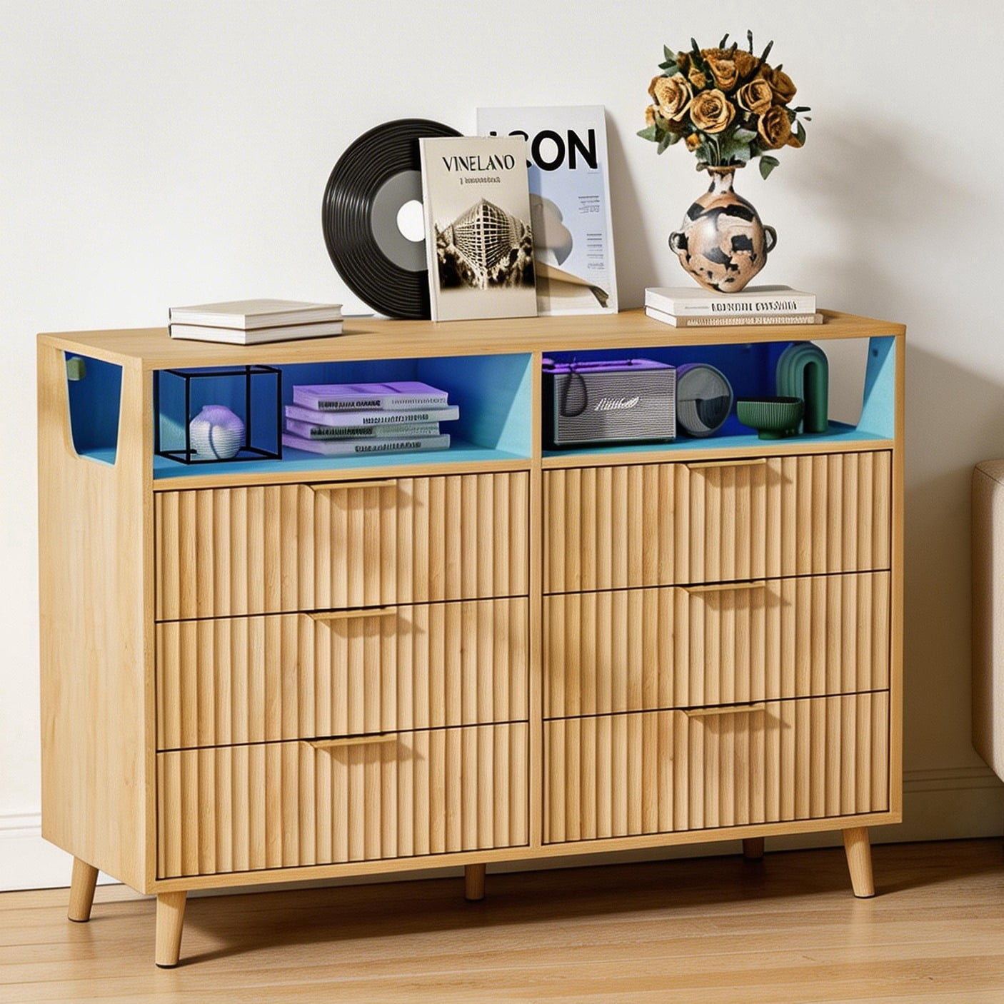 Ktaxon Fluted Dresser 6 Drawer Dresser with LED Lights Wood Chest of Drawers Storage Cabinet for Bedroom, Living Room Entryway Mid Century Oak