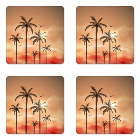 

Tropical Coaster Set of 4 Palm Trees with Dramatic Hazy Sky Clouds and Gulls Exotic Display Art Square Hardboard Gloss Coasters Standard Size Coral Salmon Brown by Ambesonne