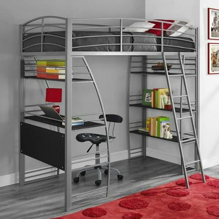 DHP Studio Twin Loft Bed with Integrated Desk and Shelves, Silver