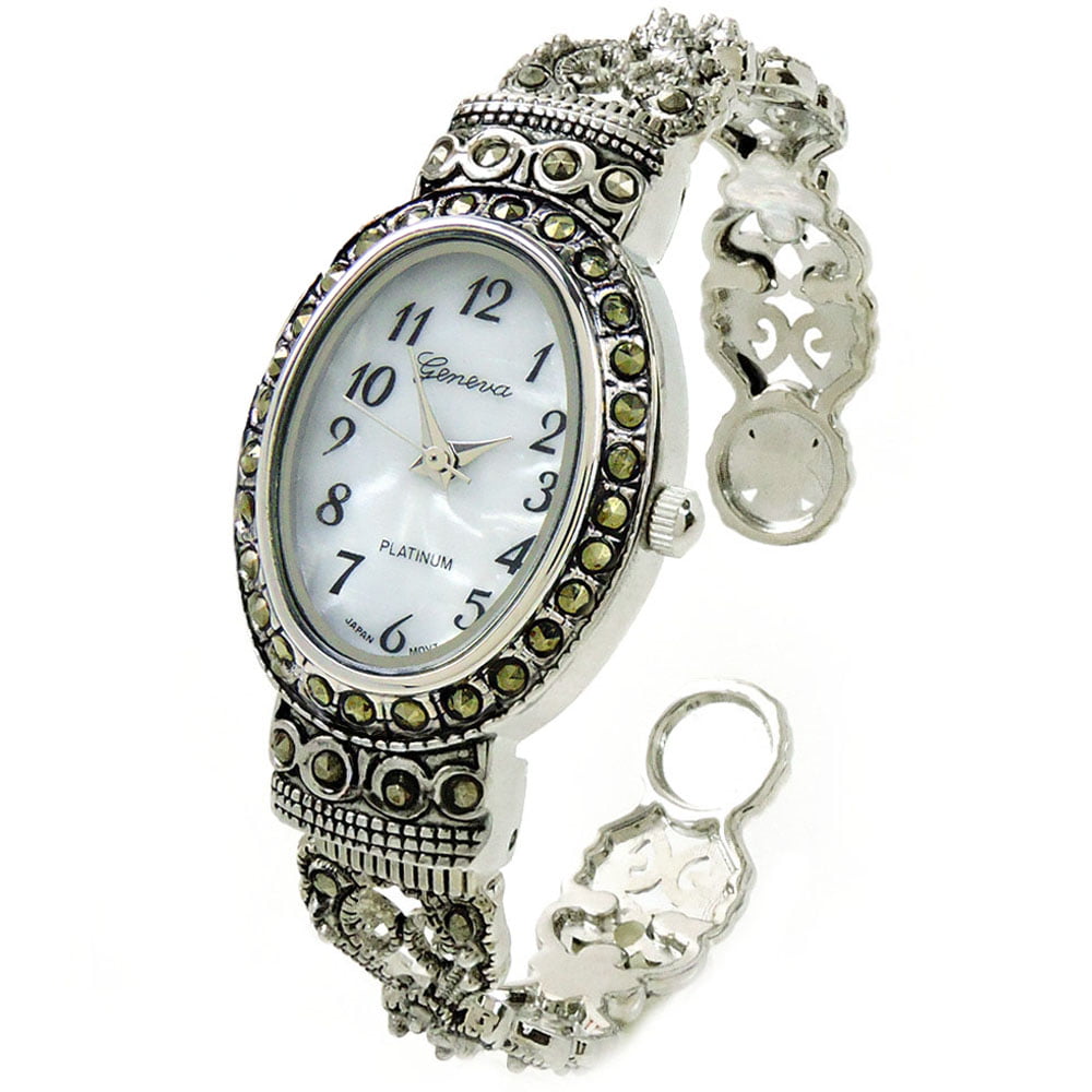 STC - Silver Black Vintage Style Marcasite Crystal Oval Face Women's