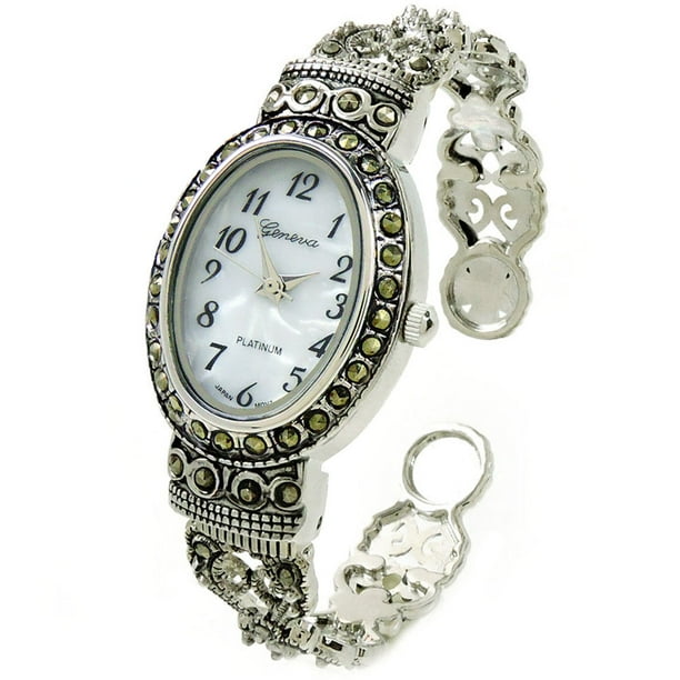 STC Silver Black Vintage Style Marcasite Crystal Oval Face Women's