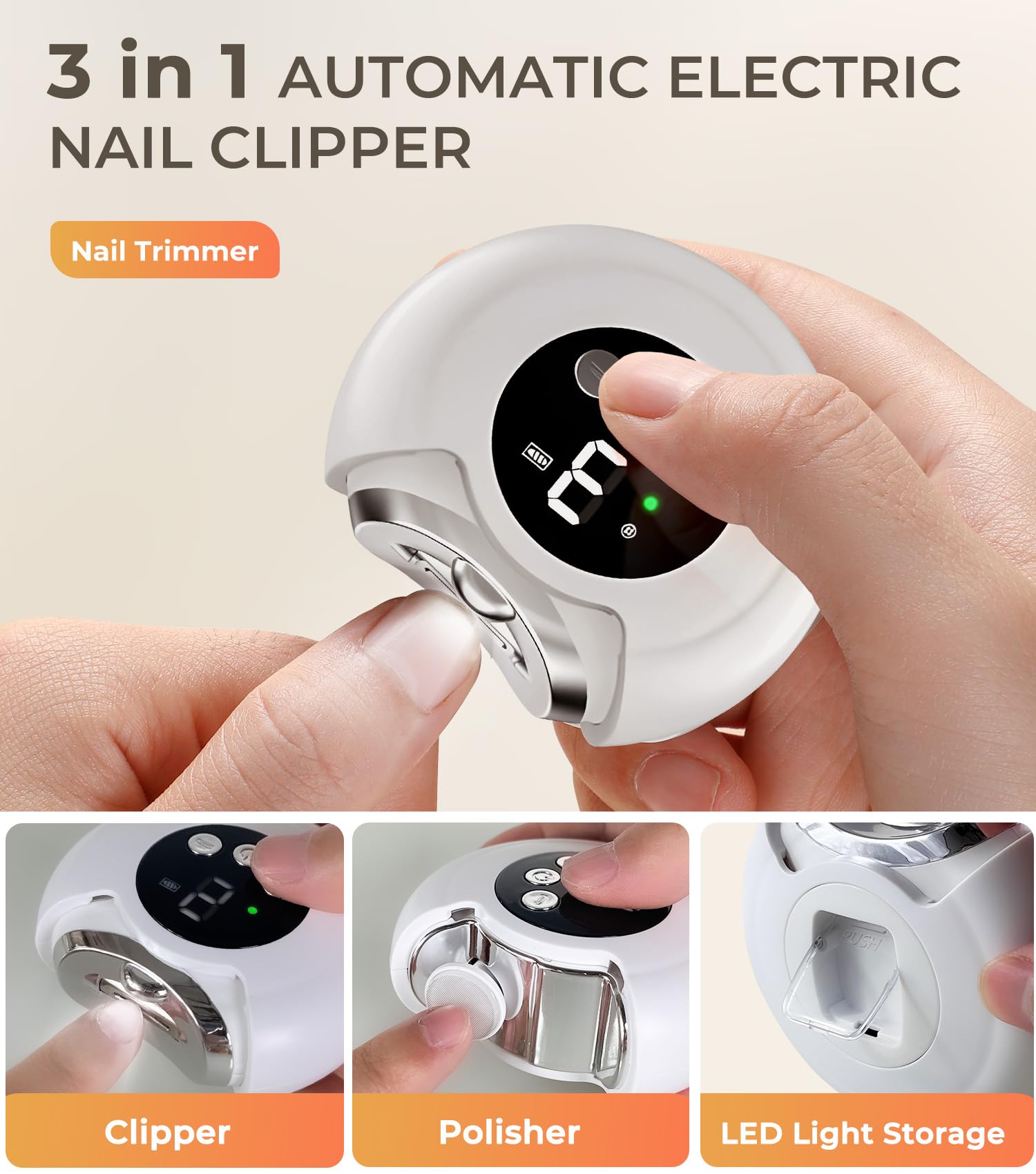 3 in 1 Electric Nail Clipper, Portable Electric Toenail Clippers for Seniors with Light, 3 Speed Automatic Electric Nail Trimmer, Rechargeable Fingernail Clipper Electric Polishing，white