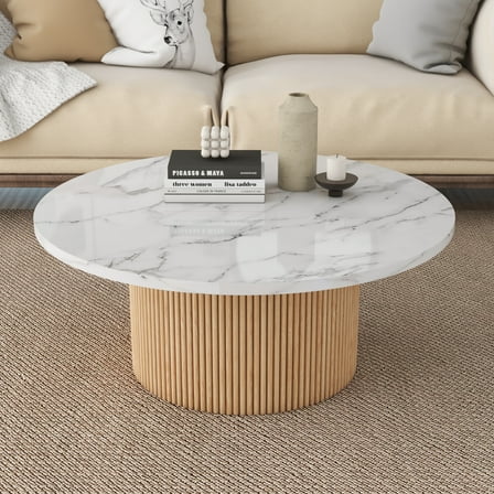SHYFOY 35" Modern Round Marble Coffee Table with Wooden Base for Living Room or Small Spaces