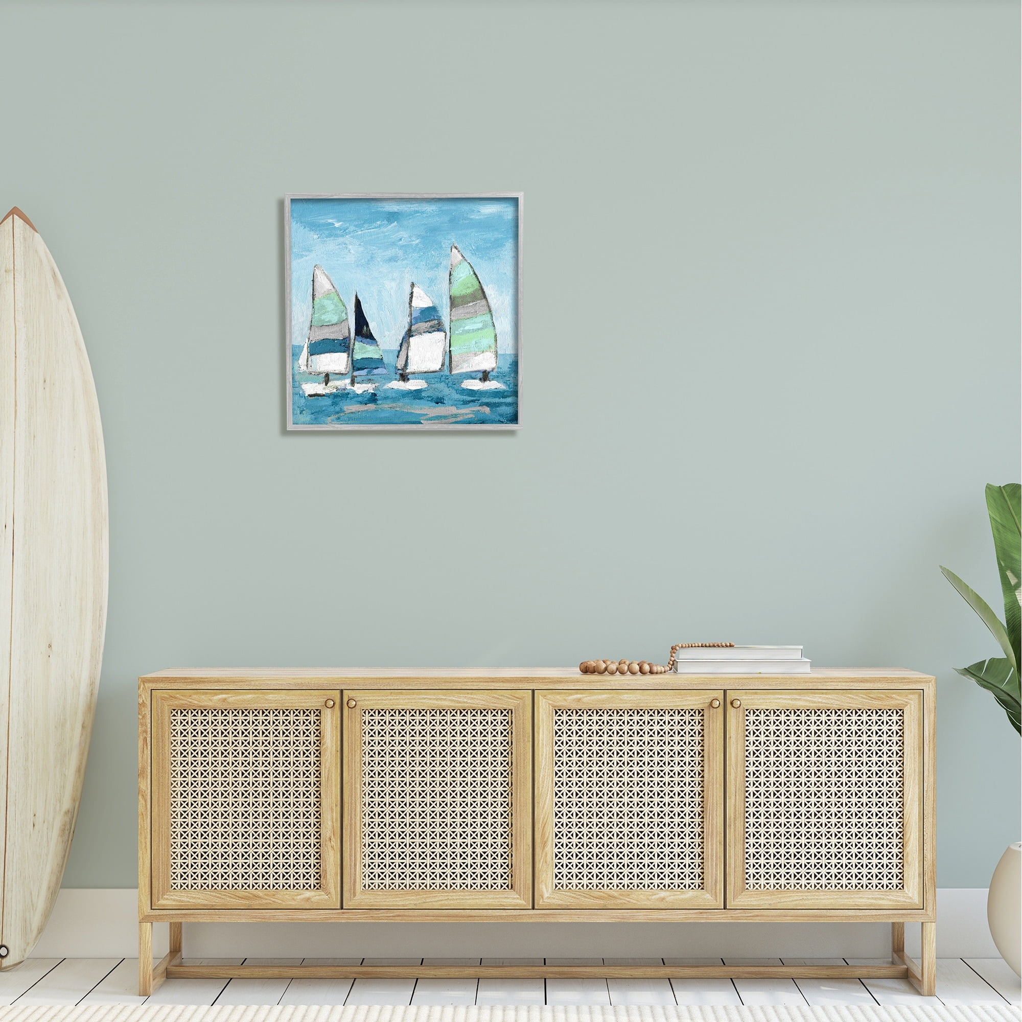 Stupell Industries Floating Striped Sailboats Clear Blue Sky Painting Painting Gray Framed Art Print Wall Art, Design by Katrina Craven